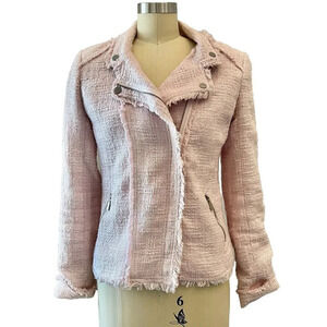 Belle Vere Women’s Tweed Blazer Size Small Pink Fringe Zip Moto Anthropologie